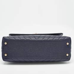 Pre Owned Chanel Dark Blue Chevron Caviar Leather and Lizard Medium Coco Top Handle Bag
