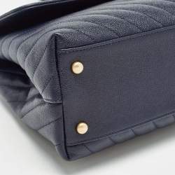 Pre Owned Chanel Dark Blue Chevron Caviar Leather and Lizard Medium Coco Top Handle Bag