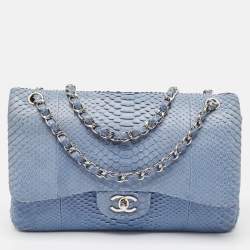 Chanel Blue Python Jumbo Classic Double Flap Bag