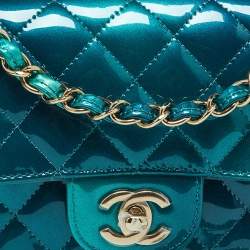 Pre Owned Chanel Green Quilted Patent Leather Mini Rectangle Shaded Classic Flap Shoulder Bag