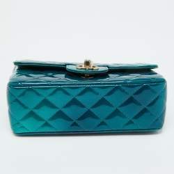 Pre Owned Chanel Green Quilted Patent Leather Mini Rectangle Shaded Classic Flap Shoulder Bag