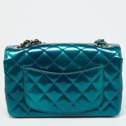 Pre Owned Chanel Green Quilted Patent Leather Mini Rectangle Shaded Classic Flap Shoulder Bag
