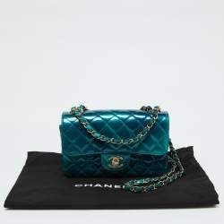 Pre Owned Chanel Green Quilted Patent Leather Mini Rectangle Shaded Classic Flap Shoulder Bag