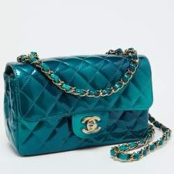 Pre Owned Chanel Green Quilted Patent Leather Mini Rectangle Shaded Classic Flap Shoulder Bag
