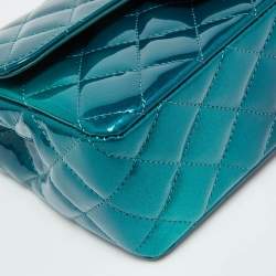 Pre Owned Chanel Green Quilted Patent Leather Mini Rectangle Shaded Classic Flap Shoulder Bag