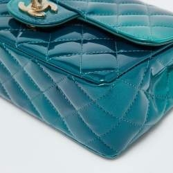 Pre Owned Chanel Green Quilted Patent Leather Mini Rectangle Shaded Classic Flap Shoulder Bag