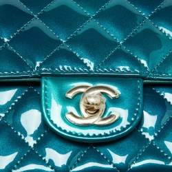 Pre Owned Chanel Green Quilted Patent Leather Mini Rectangle Shaded Classic Flap Shoulder Bag
