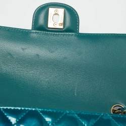 Pre Owned Chanel Green Quilted Patent Leather Mini Rectangle Shaded Classic Flap Shoulder Bag