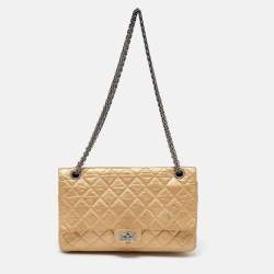 Pre Owned Chanel Gold Quilted Aged Leather Reissue 2.55 Classic 226 Flap Bag