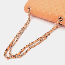Pre Owned Chanel Orange Lambskin Medium Classic Flap Bag