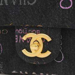 Chanel Black Logo Printed Quilted Denim Small Mood Flap Bag