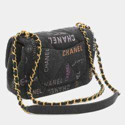 Chanel Black Logo Printed Quilted Denim Small Mood Flap Bag