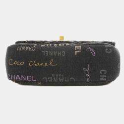 Chanel Black Logo Printed Quilted Denim Small Mood Flap Bag