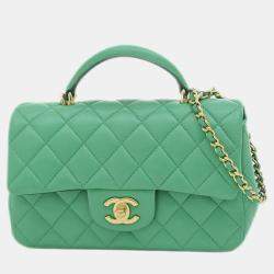 Chanel Green Quilted Lambskin Classic Single Flap Top Handle Bag 