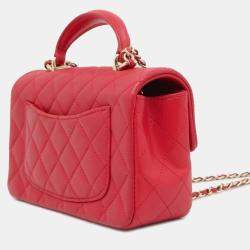 Chanel Red Lambskin Quilted Mini Rectangular Flap Top Handle Bag