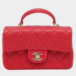 Chanel Red Lambskin Quilted Mini Rectangular Flap Top Handle Bag