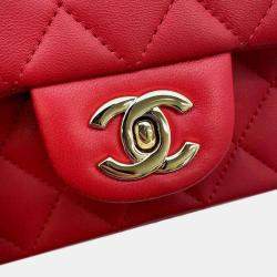 Chanel Red Lambskin Quilted Mini Rectangular Flap Top Handle Bag