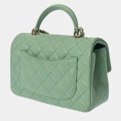 Chanel Green CC Quilted Lambskin Top Handle Flap Bag