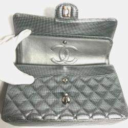 Chanel Metallic Silver Quilted Calfskin Pixel Effect Medium Classic Double Flap Bag