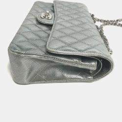 Chanel Metallic Silver Quilted Calfskin Pixel Effect Medium Classic Double Flap Bag