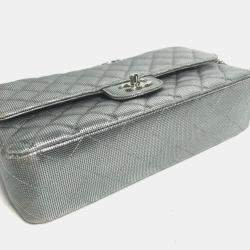 Chanel Metallic Silver Quilted Calfskin Pixel Effect Medium Classic Double Flap Bag