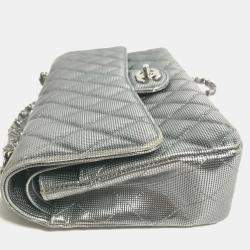 Chanel Metallic Silver Quilted Calfskin Pixel Effect Medium Classic Double Flap Bag