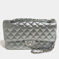 Chanel Metallic Silver Quilted Calfskin Pixel Effect Medium Classic Double Flap Bag