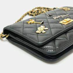 Chanel Black Aged Calfskin Quilted Lucky Charms 2.55 Reissue Wallet On Chain