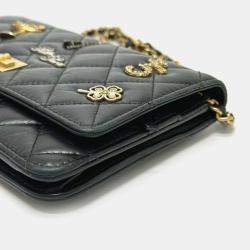 Chanel Black Aged Calfskin Quilted Lucky Charms 2.55 Reissue Wallet On Chain