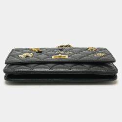 Chanel Black Aged Calfskin Quilted Lucky Charms 2.55 Reissue Wallet On Chain