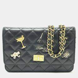 Chanel Black Aged Calfskin Quilted Lucky Charms 2.55 Reissue Wallet On Chain