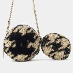 Chanel Beige Black Tweed Shearling Round Clutch With Chain and Coin Purse 