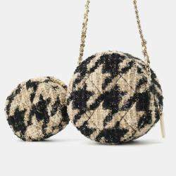 Chanel Beige Black Tweed Shearling Round Clutch With Chain and Coin Purse 