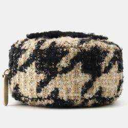 Chanel Beige Black Tweed Shearling Round Clutch With Chain and Coin Purse 