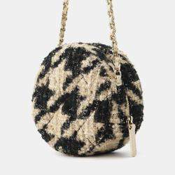 Chanel Beige Black Tweed Shearling Round Clutch With Chain and Coin Purse 