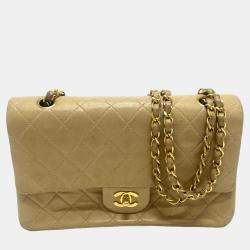 Chanel Beige Leather Medium Classic Double Flap Shoulder Bags