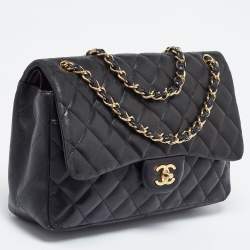 Pre Owned Chanel Black Quilted Leather Jumbo Classic Double Flap Bag