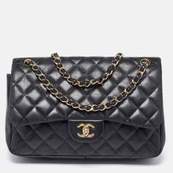 Pre Owned Chanel Black Quilted Leather Jumbo Classic Double Flap Bag