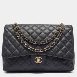 Pre Owned Chanel Black Quilted Caviar Leather Maxi Classic Single Flap Bag