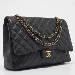 Pre Owned Chanel Black Quilted Caviar Leather Maxi Classic Single Flap Bag