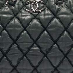 Pre Owned Chanel Dark Green Black Bubble Quilted Leather Bowler Bag