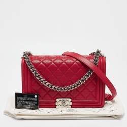 Pre Owned Chanel Red Quilted Perforated Leather New Medium Boy Bag