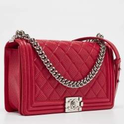 Pre Owned Chanel Red Quilted Perforated Leather New Medium Boy Bag