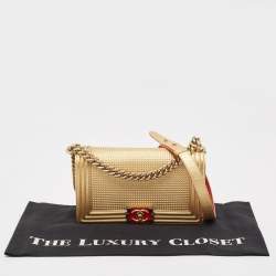 Chanel Gold Woven Embossed Leather Medium Boy Flap Bag