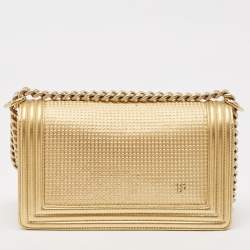 Chanel Gold Woven Embossed Leather Medium Boy Flap Bag