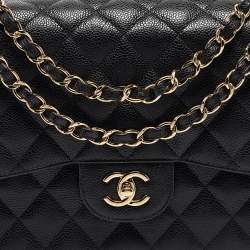 Pre Owned Chanel Black Quilted Caviar Leather Jumbo Classic Double Flap Bag