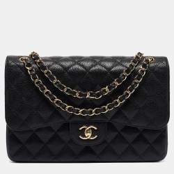 Pre Owned Chanel Black Quilted Caviar Leather Jumbo Classic Double Flap Bag