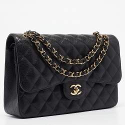 Pre Owned Chanel Black Quilted Caviar Leather Jumbo Classic Double Flap Bag