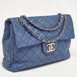 Pre Owned Chanel Blue Quilted Caviar Leather Maxi Classic Single Flap Bag