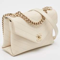 Pre Owned Chanel Cream Chevron Leather Medium Coco Envelope Flap Bag